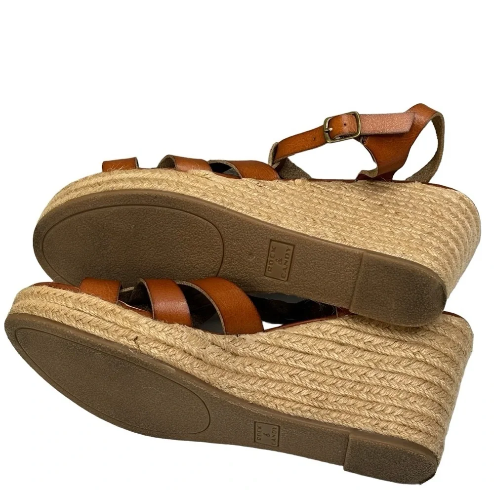 ROCK & CANDY by ZIGI Cognac Leather Espadrilles Platform Wedge Sandals Size 10